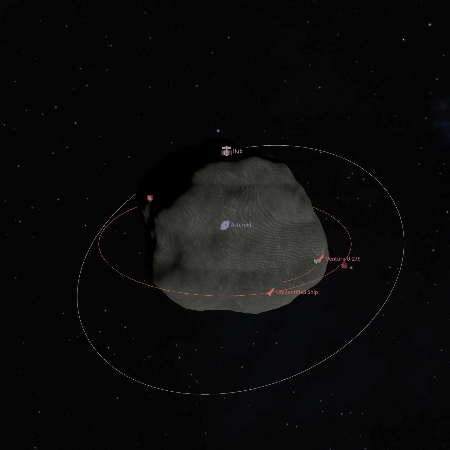Screenshot of the "Junkyard" asteroid, seen in the Map View